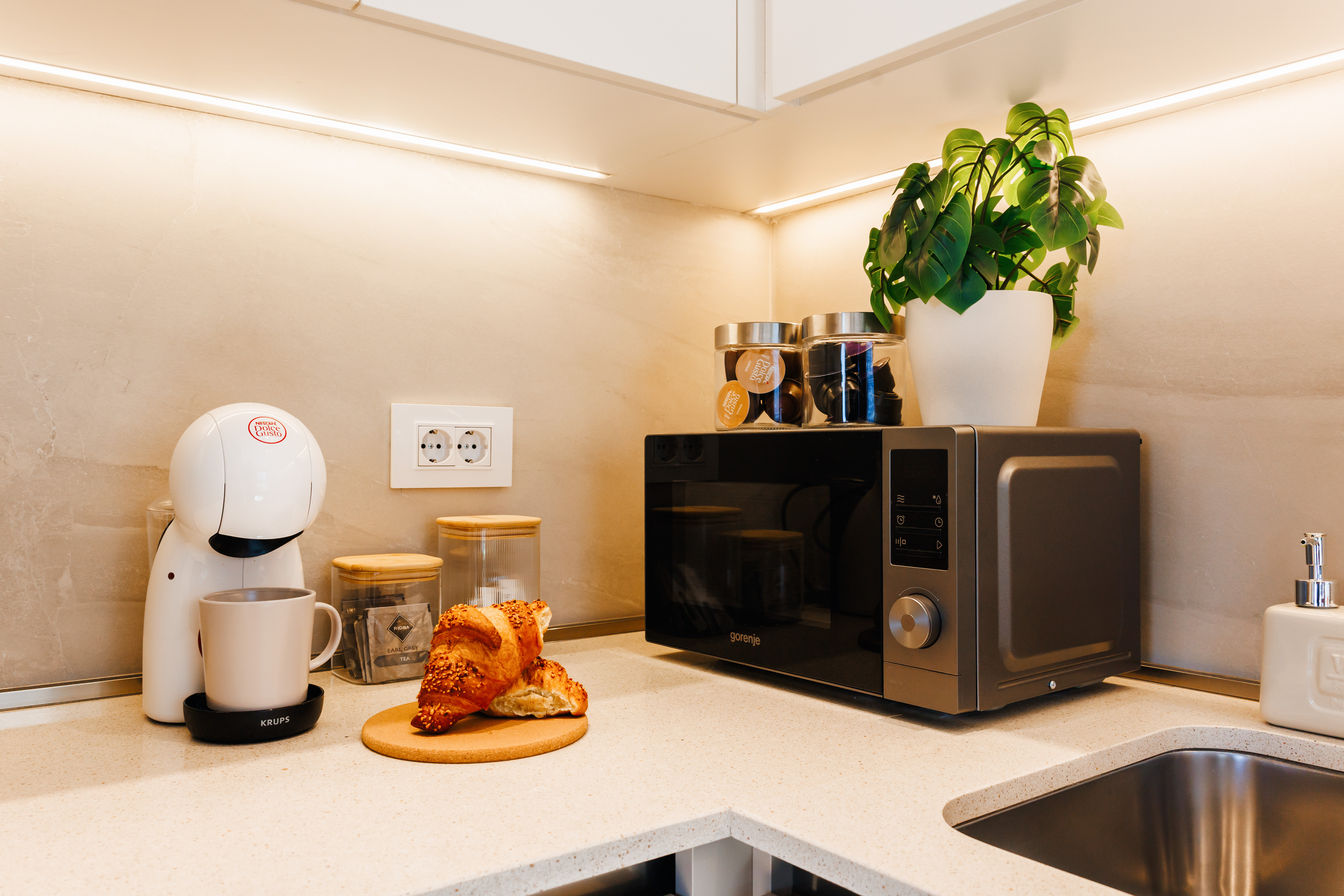 Bright modern kitchen nook with coffee station and breakfast-ready charm