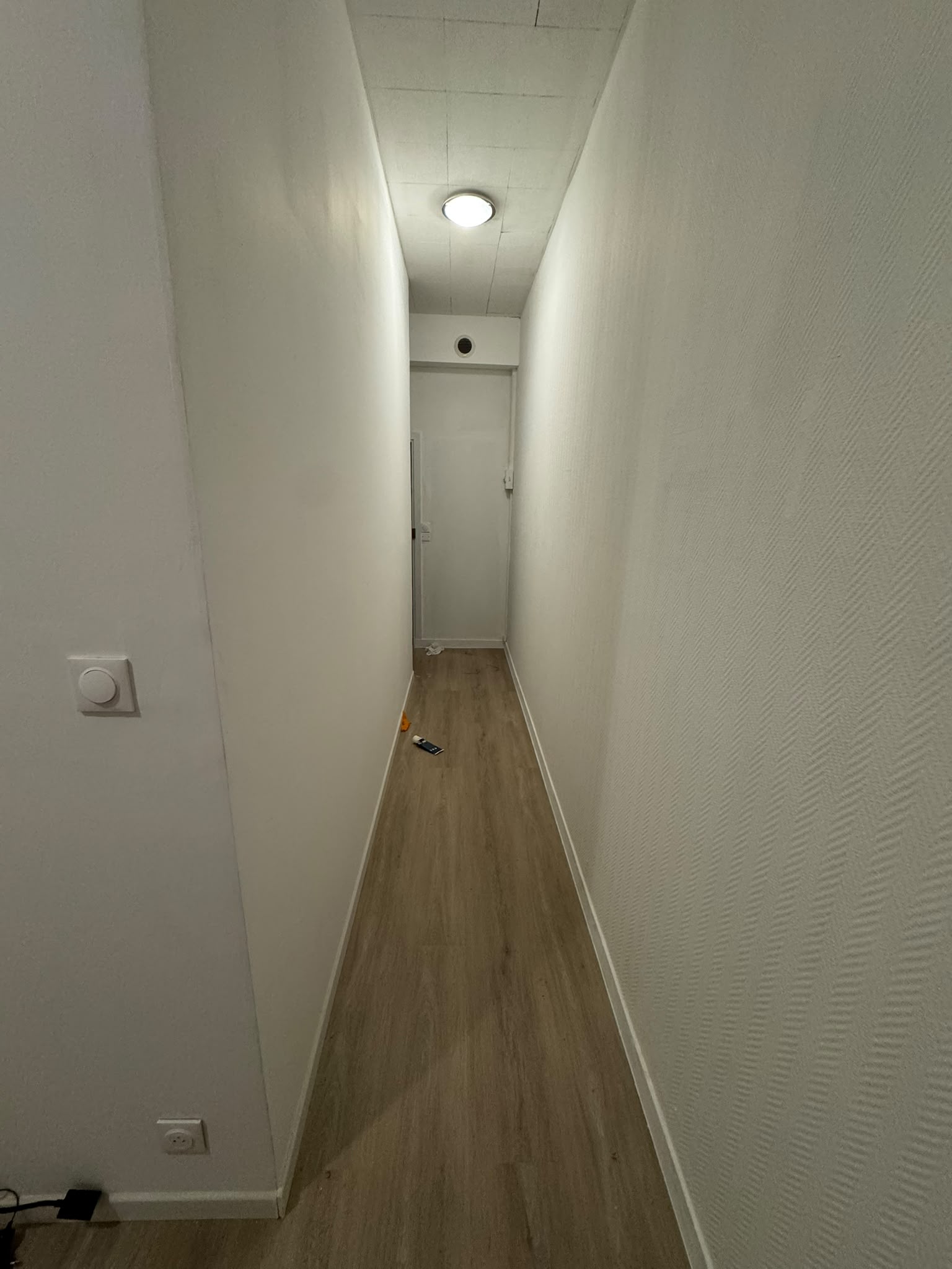 Bright minimalist hallway with clean finishes and wood-look flooring