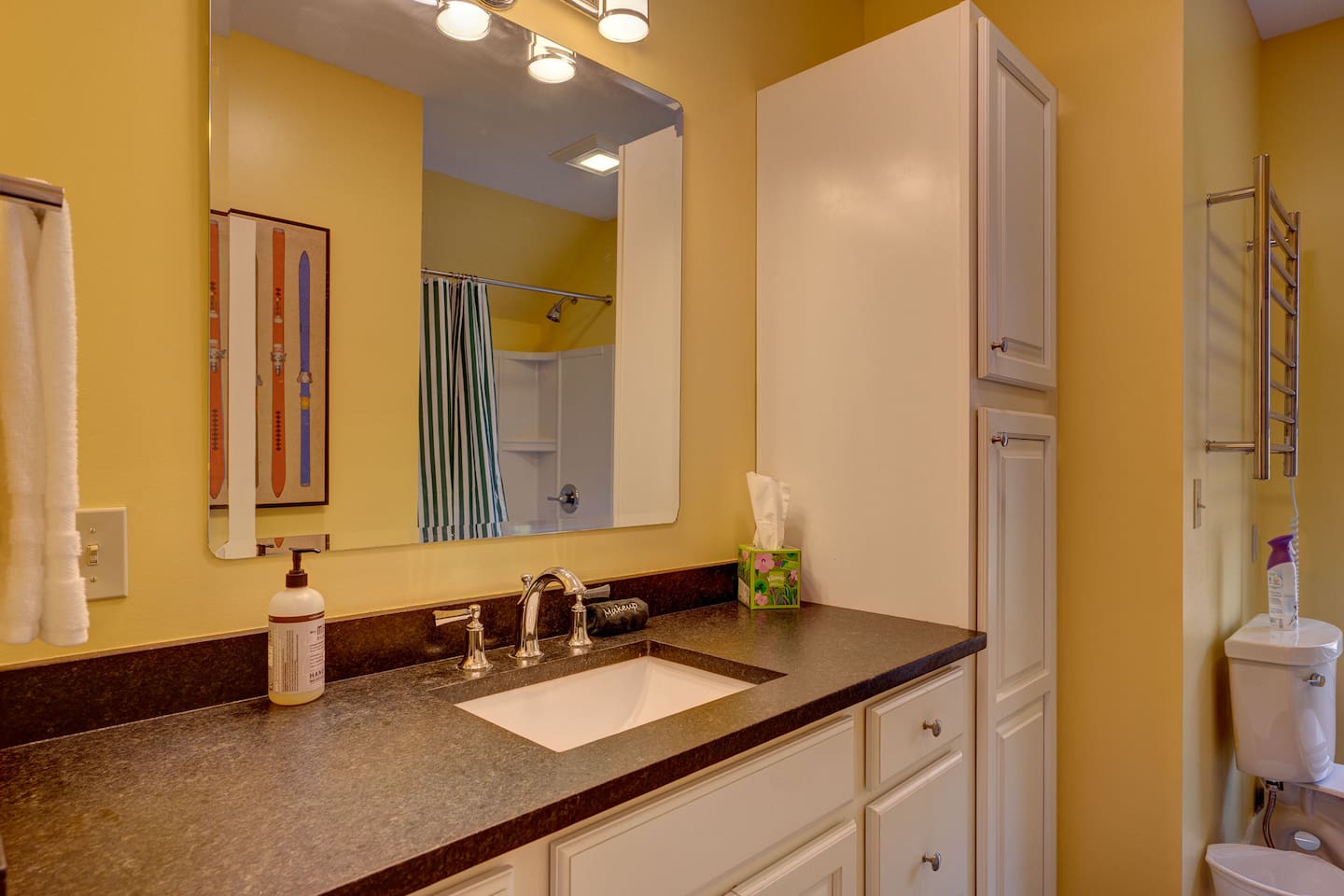 Freshen up in your well-appointed bathroom, stocked with plush towels, makeup towel, shampoo, conditioner, body wash, and hand soap. Enjoy thoughtful amenities and hotel-inspired comforts during your stay at The Hillfort Escape in North Conway.