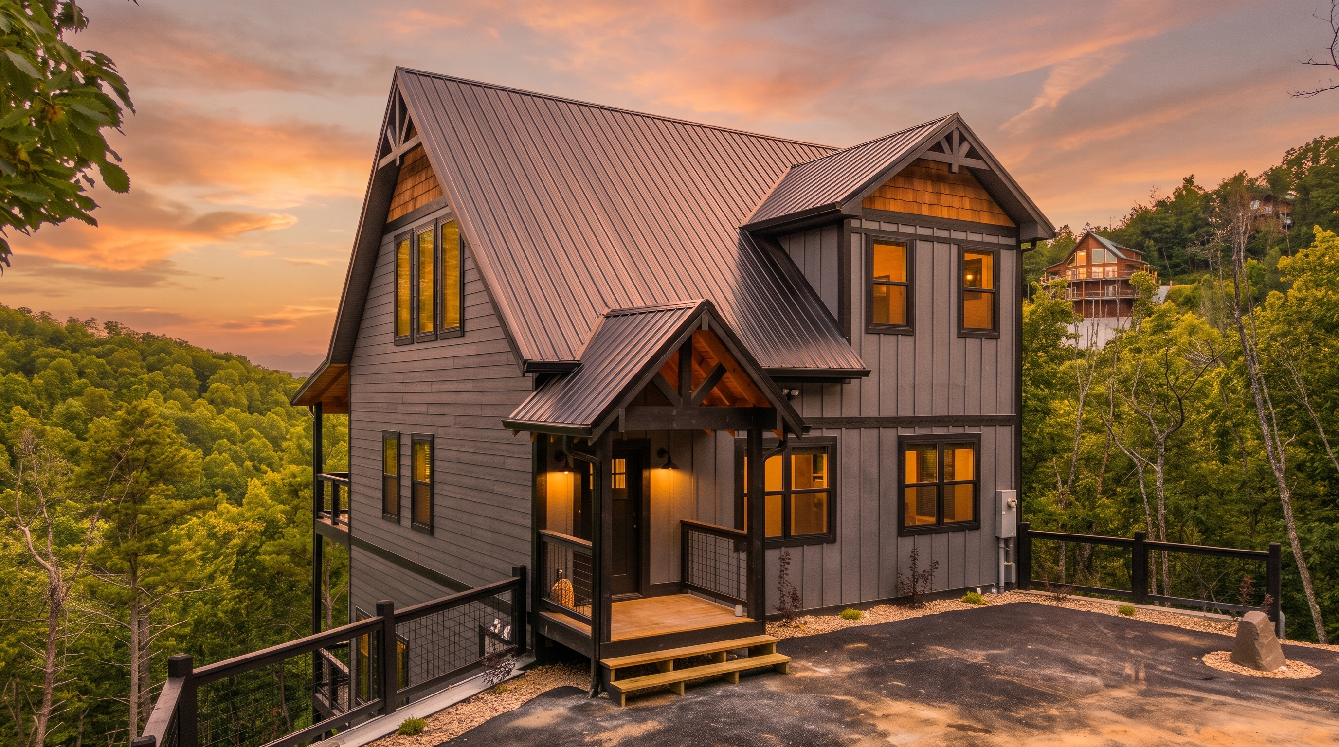 Modern mountain cabin with sunset views in a peaceful wooded setting