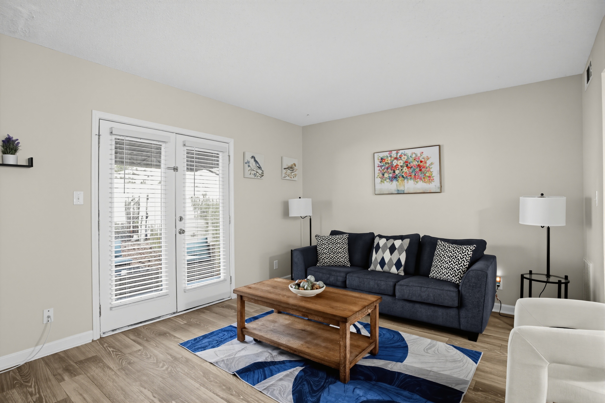 Bright, cozy living room with French doors and stylish modern decor