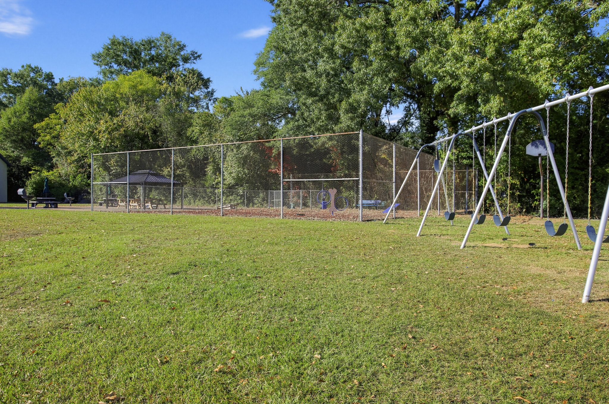Large grassy yard with swing set and family-friendly outdoor play area
