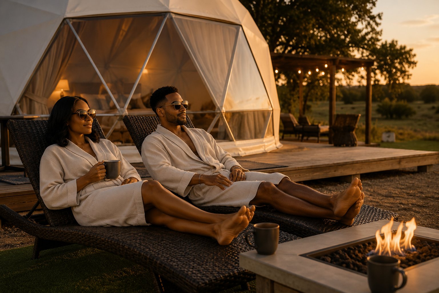 Sunset glamping by the fire pit at a luxe private dome retreat