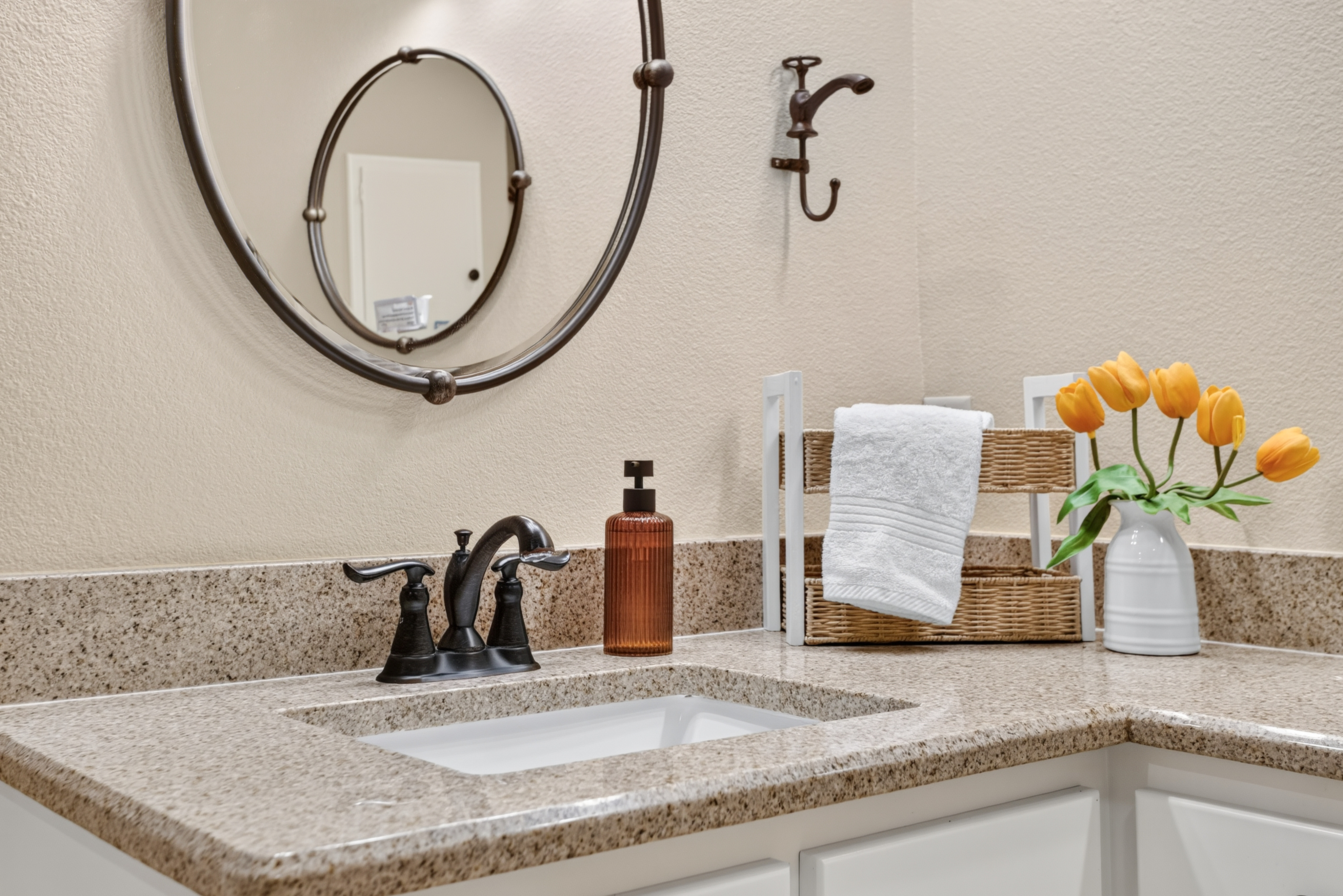 Bright, stylish bathroom vanity with elegant finishes and fresh decor