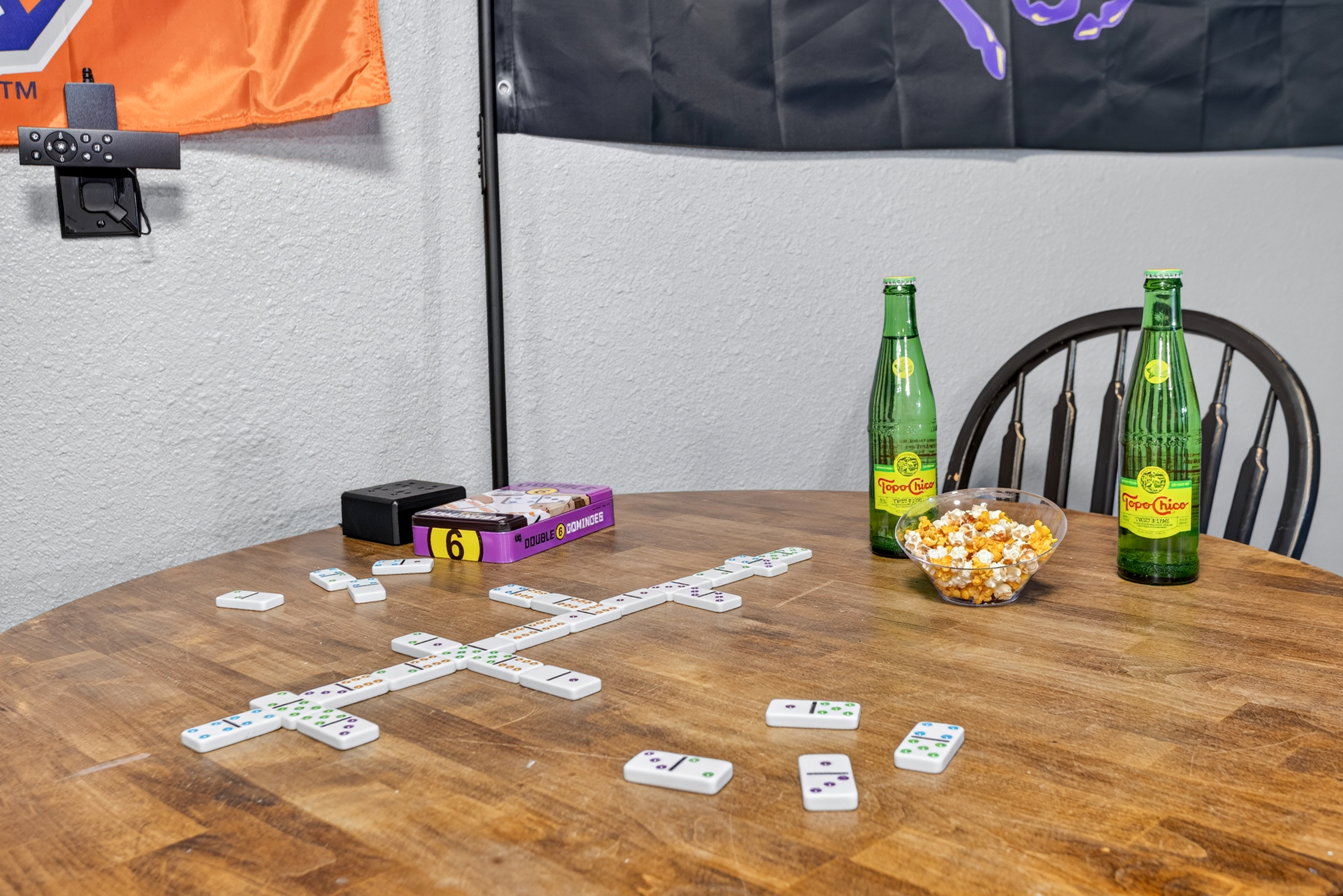 Game night ready with dominoes, snacks, and a relaxed social setup