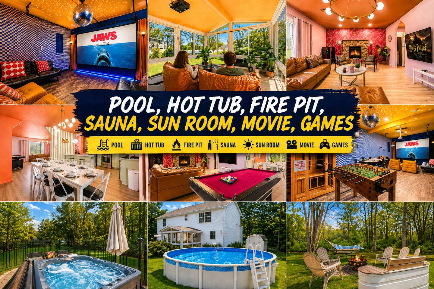 HotTub|Sauna|Theater|BBQ|Firepit|Game|Pool