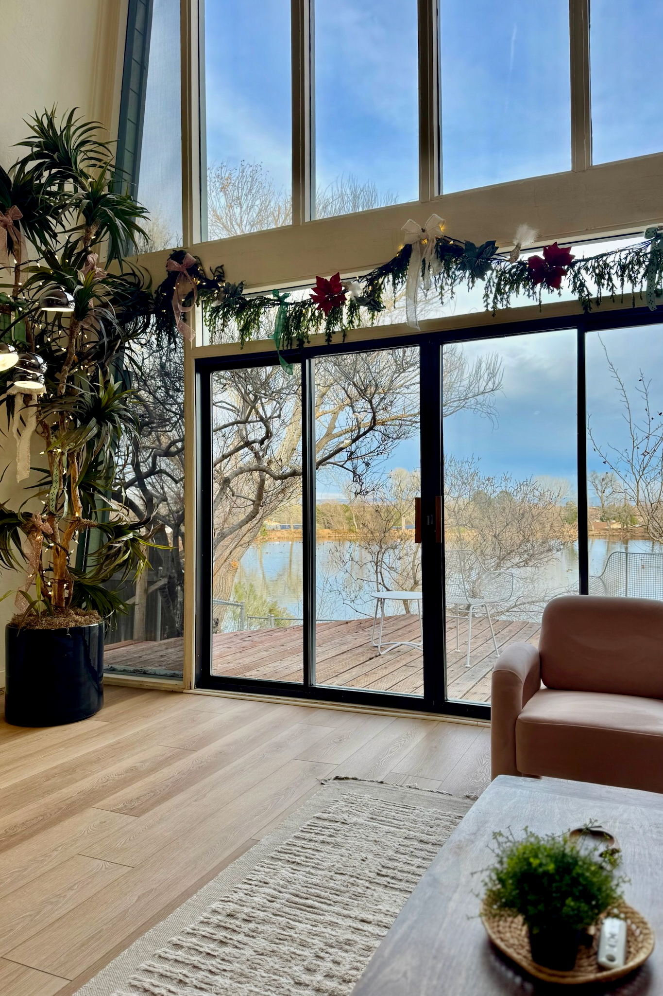 Serene waterfront views with festive Holiday decor.