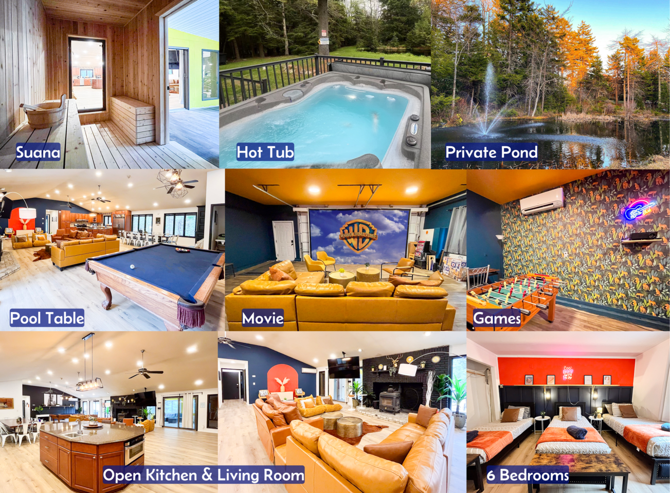 6bds|Secluded|Pool|Hot tub|Sauna|Games|Movie