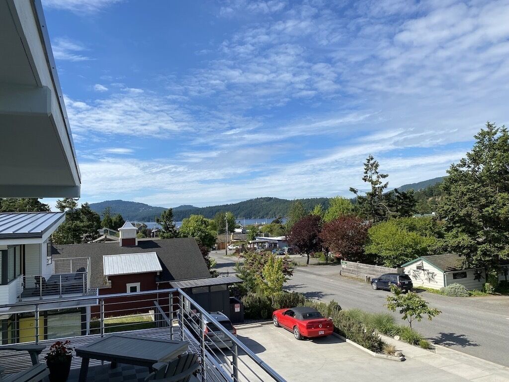 View from the balcony of downtown and the ocean beyond.