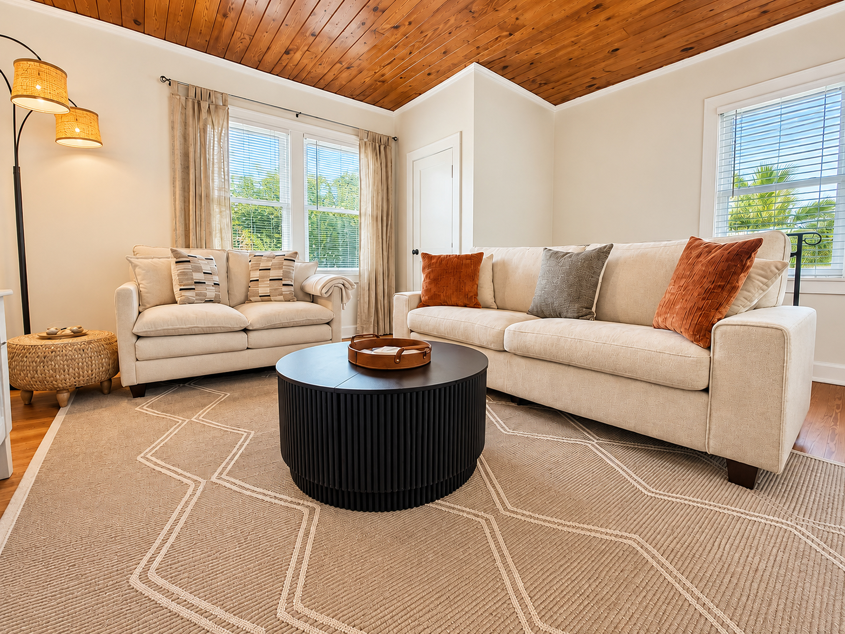 Bright, cozy living room with wood ceilings and stylish seating