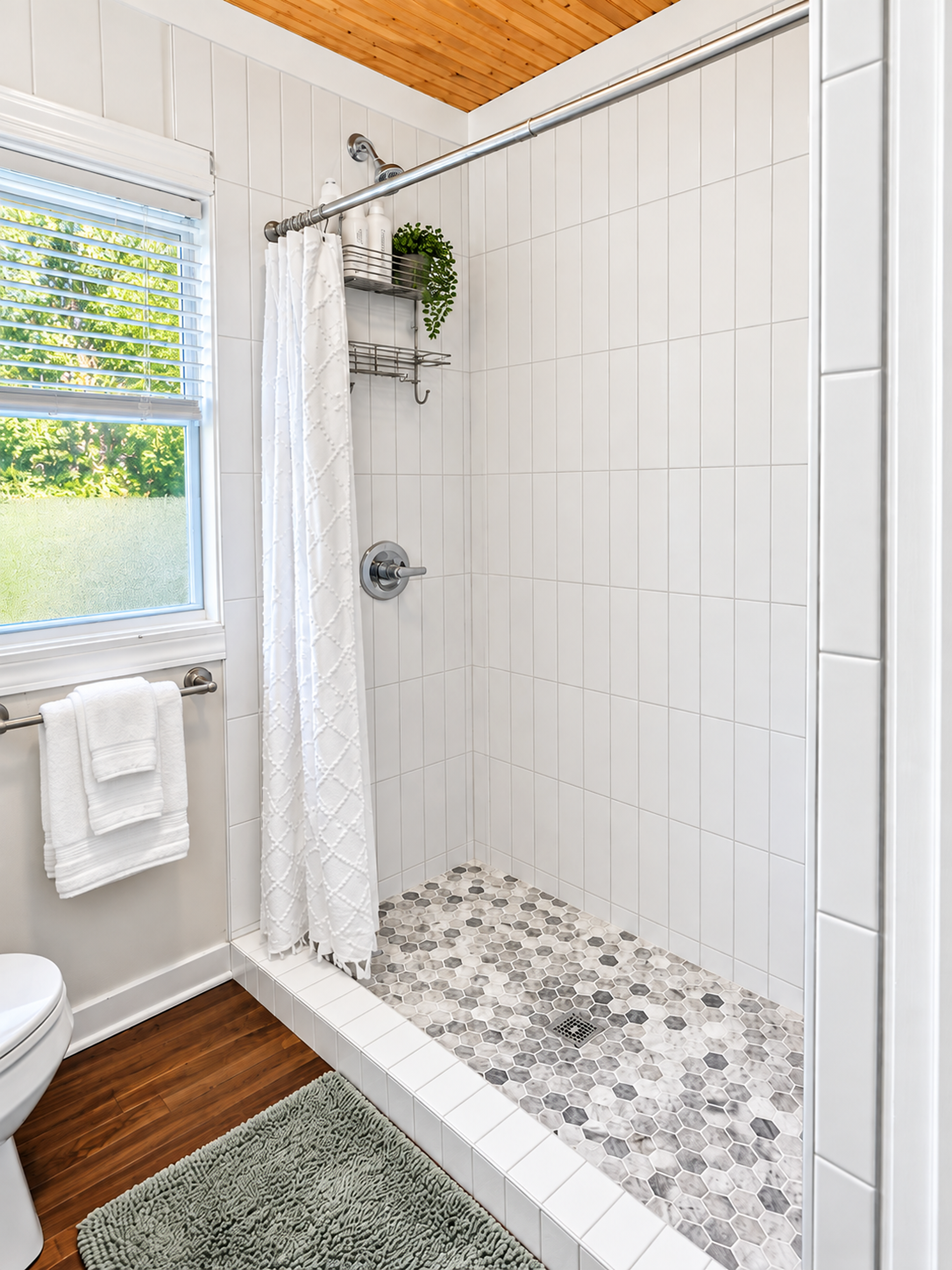 Bright walk-in shower with stylish tile and natural light