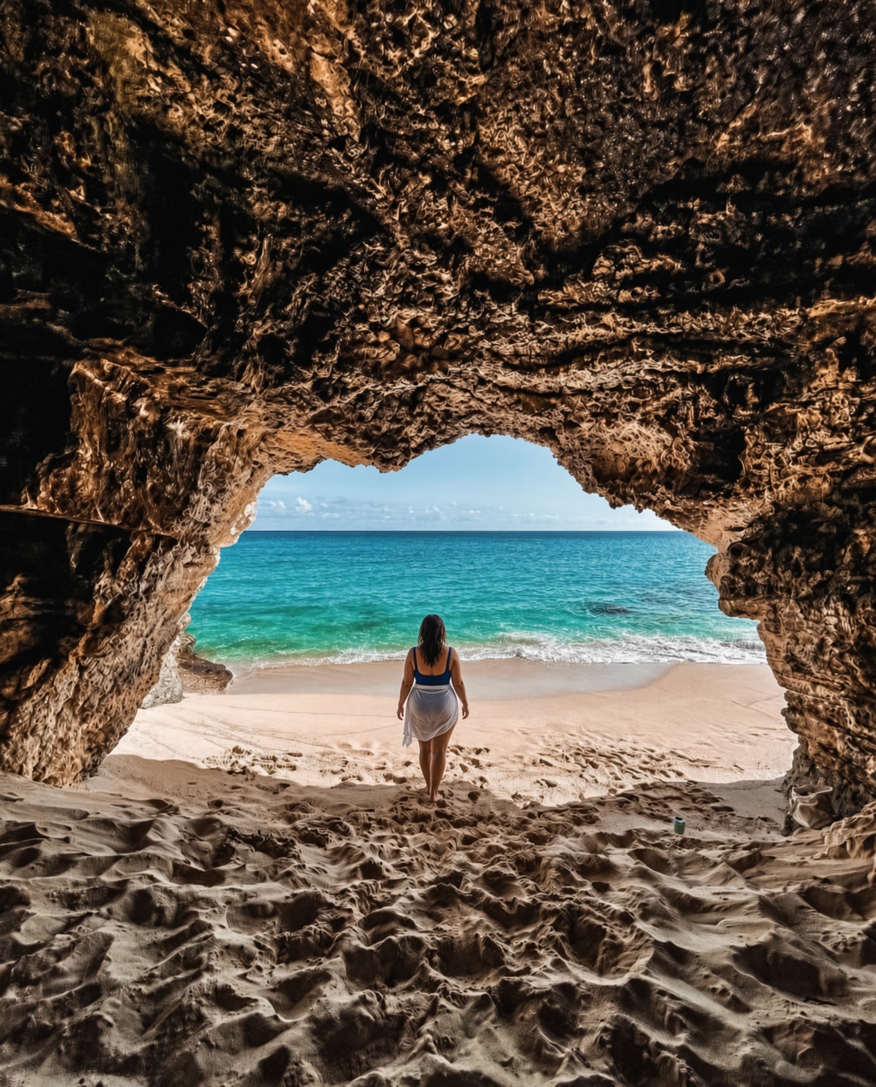 Secluded beach cave opening to turquoise waters and soft sandy shores