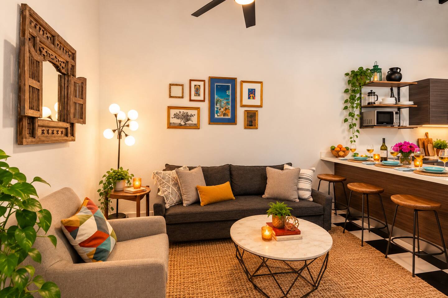 A welcoming space designed for gathering! Relax in the cozy living area or share wine and conversation around the kitchen counter. Warm lighting, tropical touches, & charming décor create the perfect setting to reconnect after exploring Old San Juan.