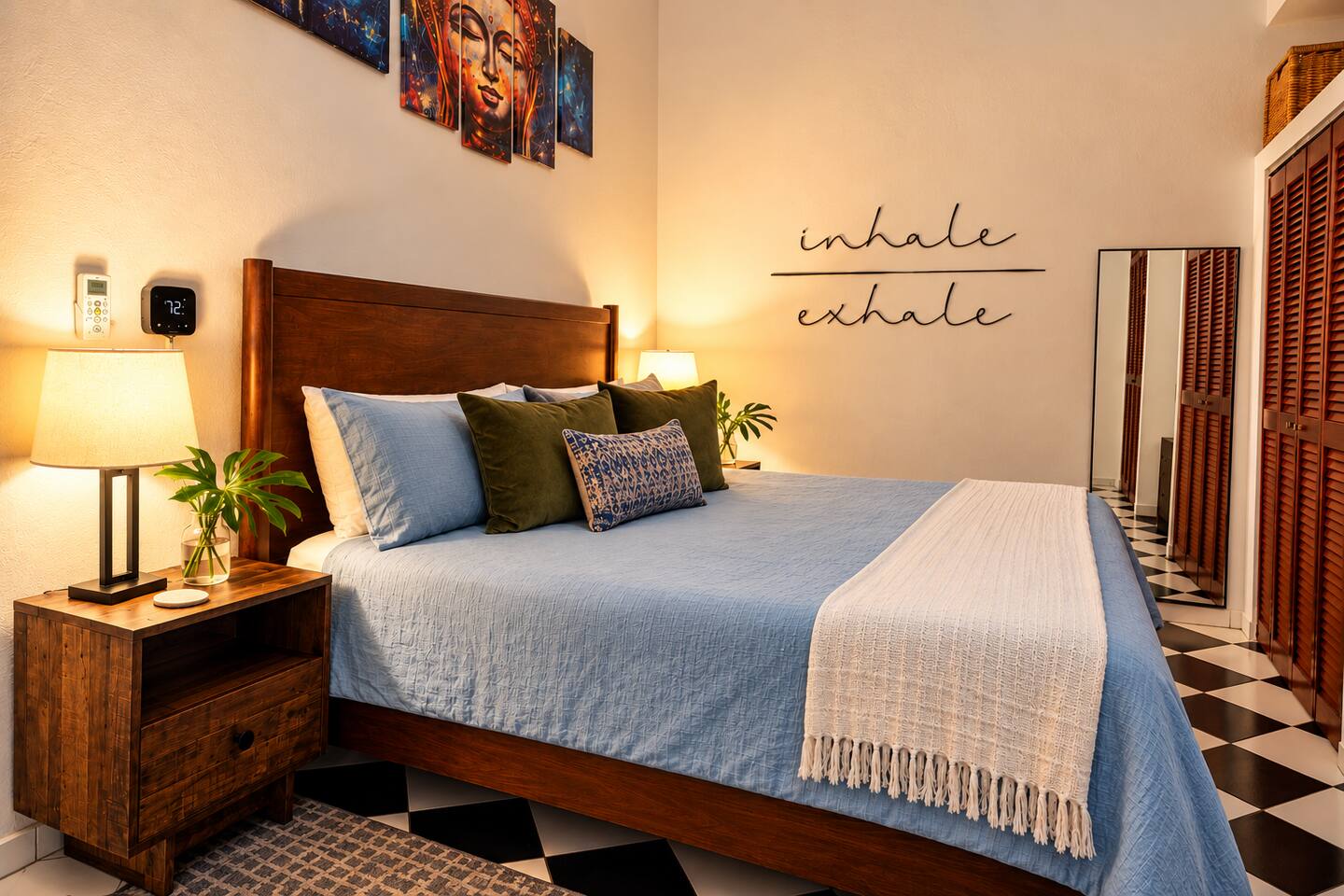 Peaceful bedroom with a comfortable King bed, A/C, ceiling fan, soaring 18-ft ceilings, and authentic Spanish Colonial character for a restful stay in Old San Juan.