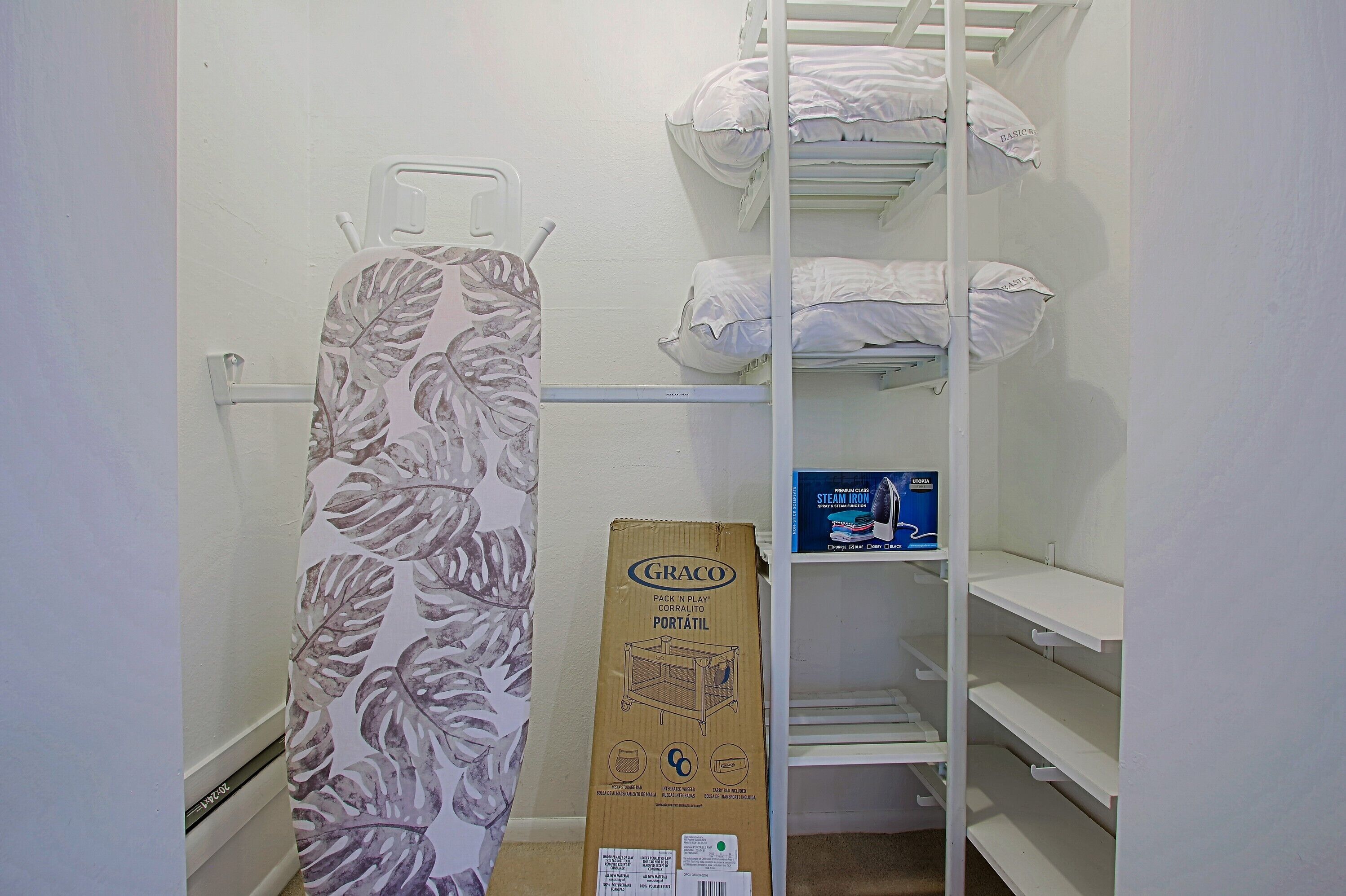 Iron, ironing board, extra bedding and a pack n play for the little ones!