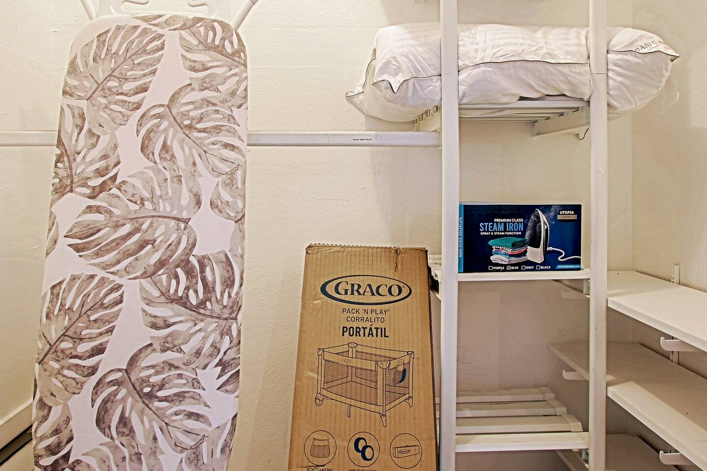 Iron, ironing board, extra pillows and Pack N Play in the hall closet. Speaking of play, you might like Trevors for beers, wine, food trucks and lawn games! It's a happening spot on the weekends so arrive early!