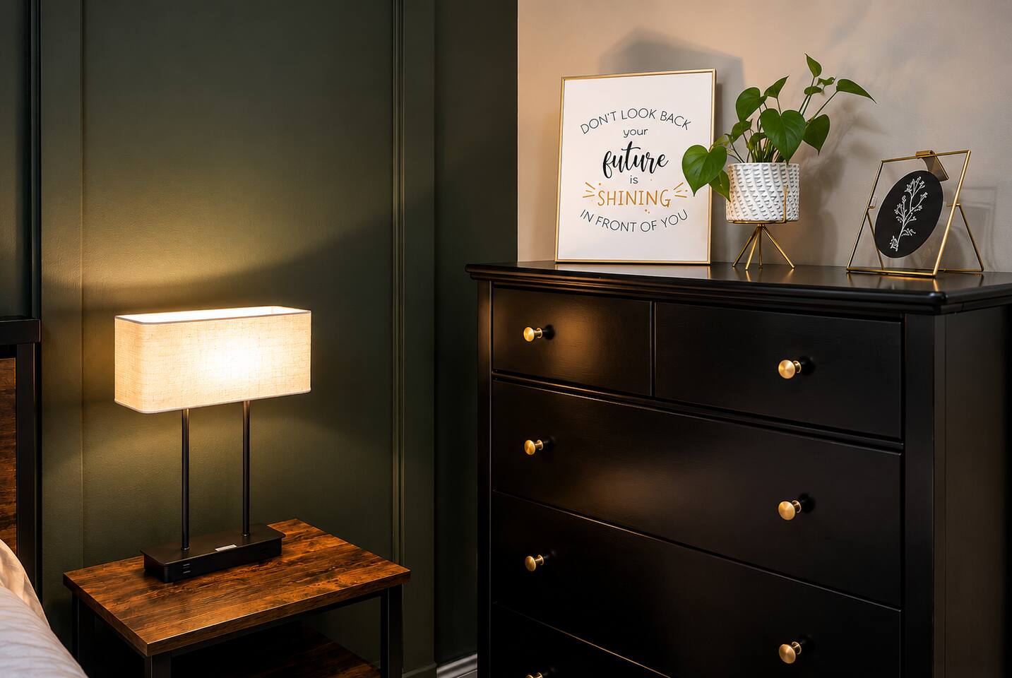 Relax in the warmth and comfort of the queen sized bedroom.

Includes:
- Touch lights with usb and power connections to easily charge your devices.
- Dresser to store clothes
- Beautiful artwork