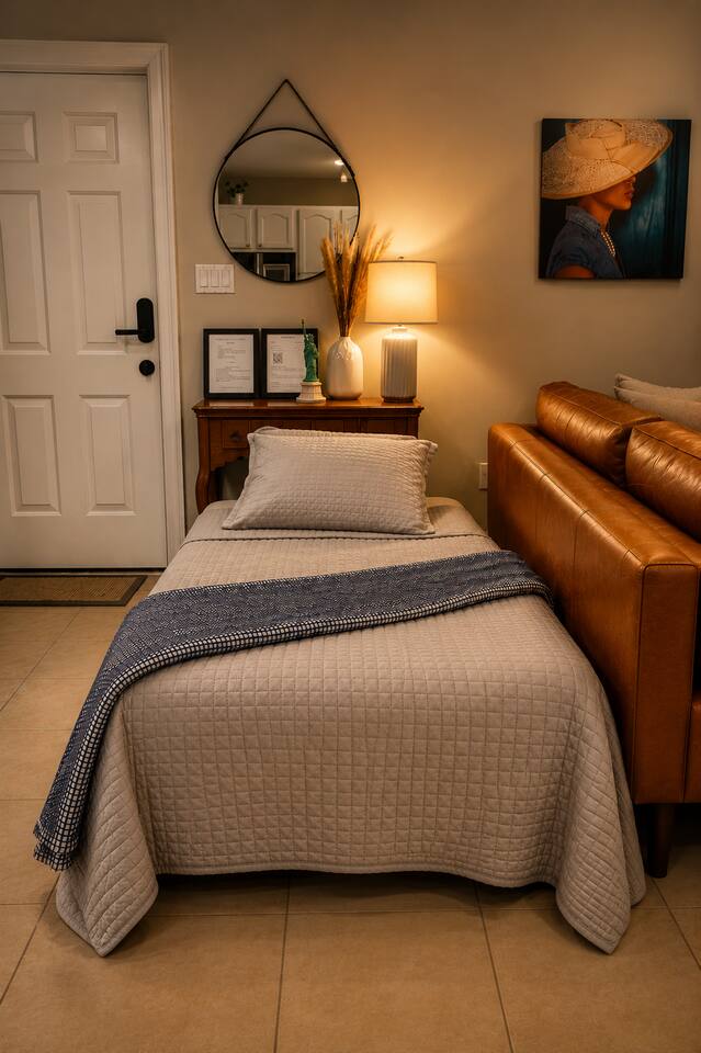 Pull out twin bed set up. Perfect for one adult or two young kids.