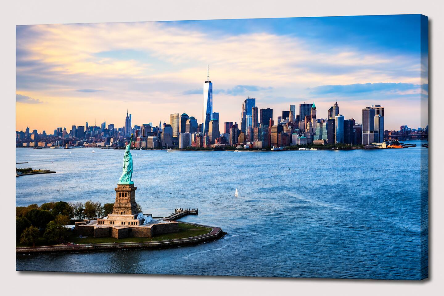 Beautiful custom artwork hand printed from premium materials.

This print of New York City features the Statue of Liberty, the Empire State Building, and the tallest of the skyline, One World Trade Center.