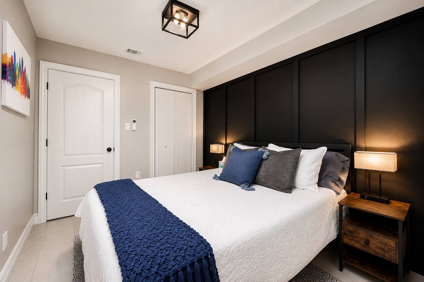 The Black Room also features a full closet with

- Hangers
- Iron + board 
- Extra pillows 
-Linens for roll out twin bed