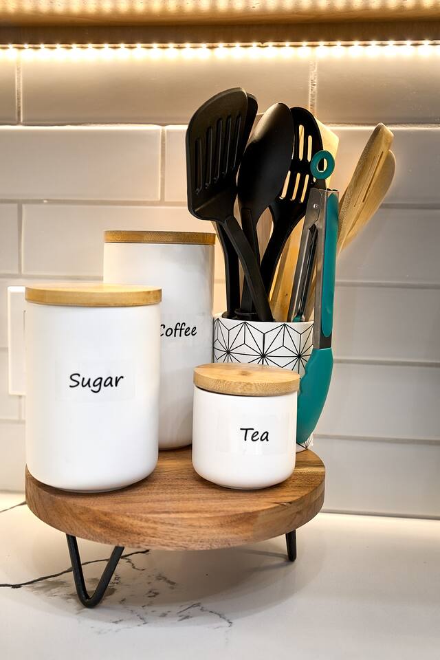- Cooking utensils
- Coffee, sugar, tea