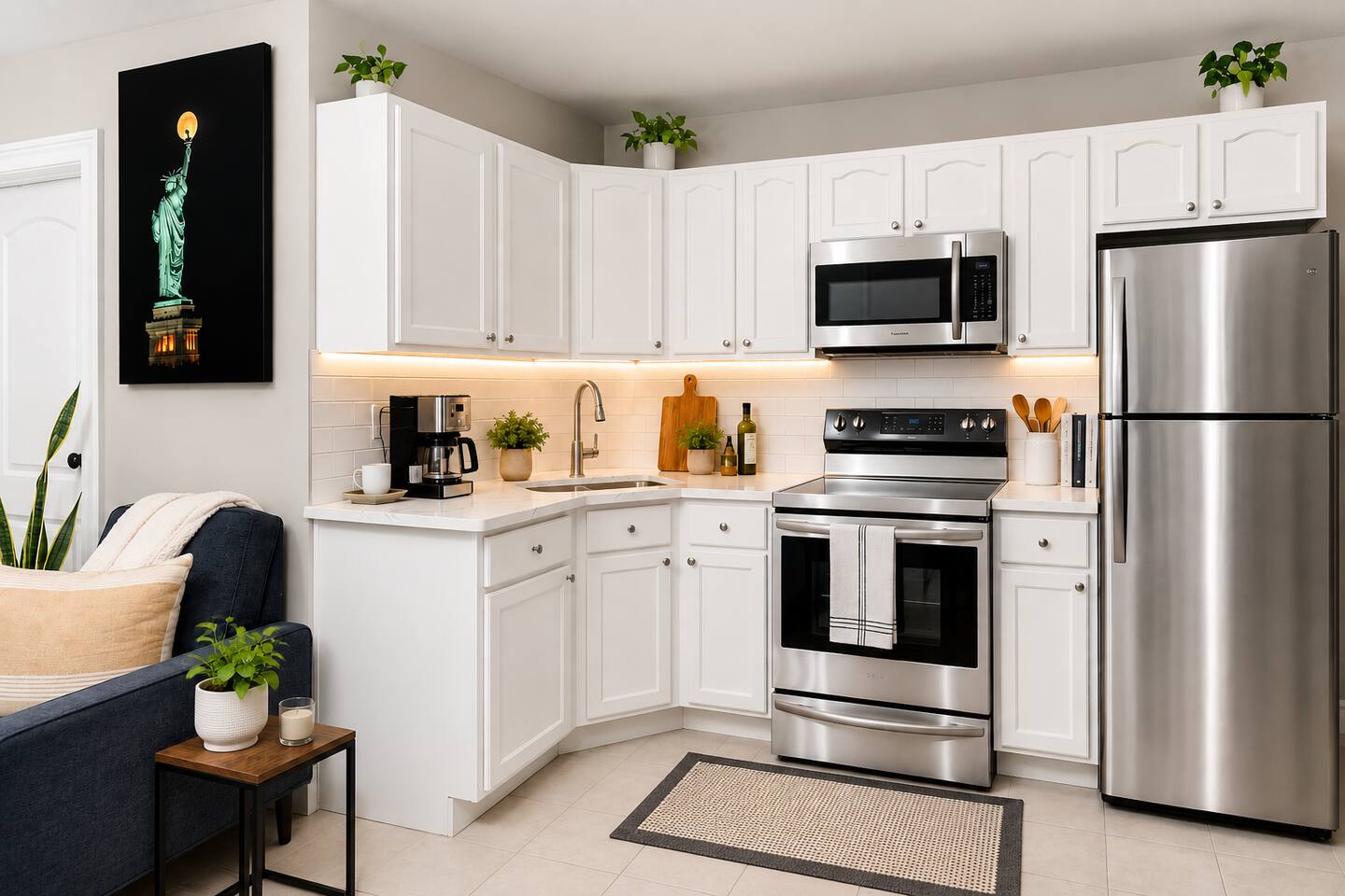 Full kitchen with everything you need to enjoy delicious meals

Includes:
- Pots, pans
- Coffee machine + French Press
- Cooking Essentials: salt, pepper, cooking oil spray,
- Plates, cups, mugs, utensils
- Wine glasses, bottle opener
- Tea pot