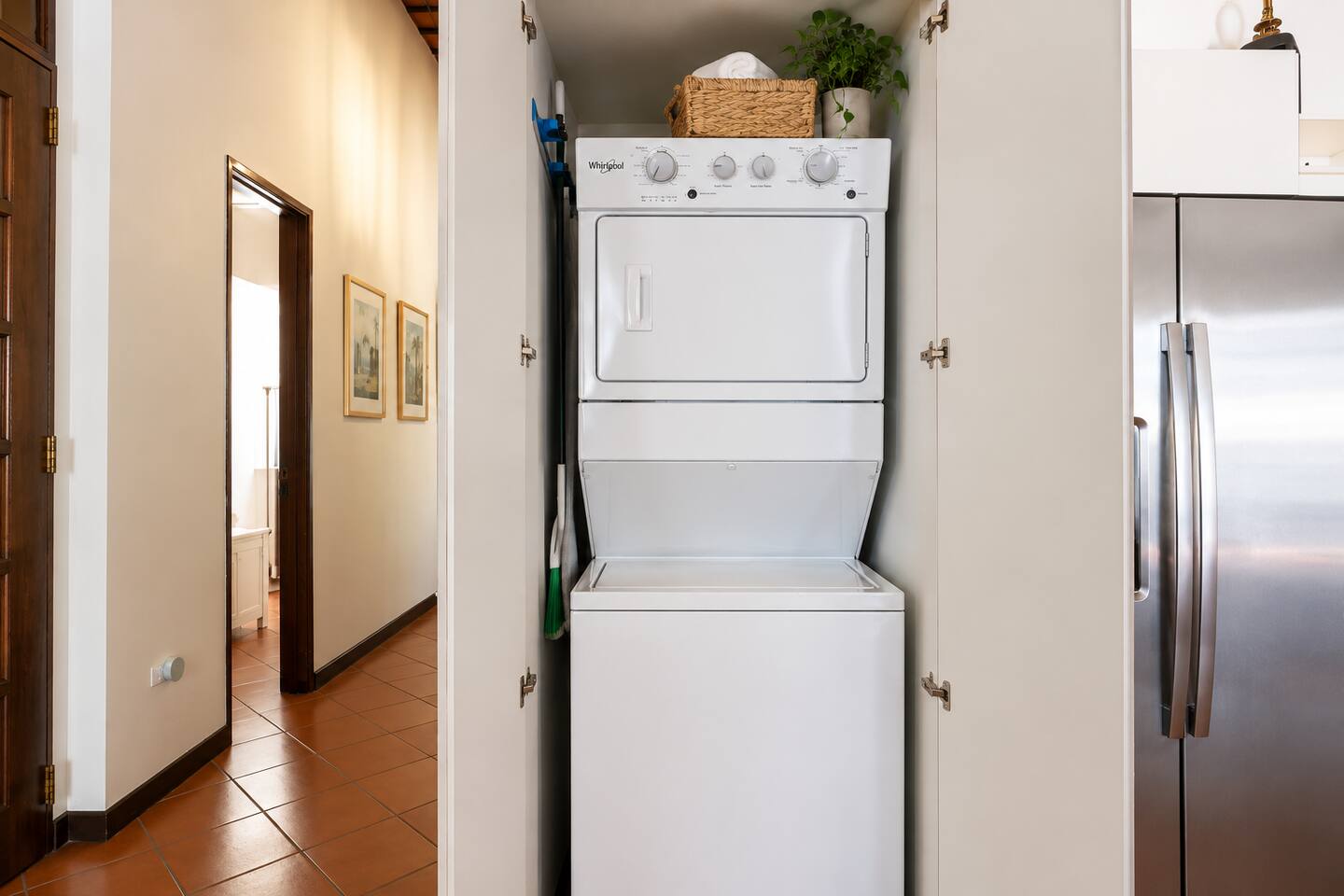 Enjoy the convenience of an in-unit washer and dryer, neatly tucked away in a dedicated laundry closet. Perfect for refreshing your wardrobe after exploring Old San Juan, packing lighter & keeping everything clean and comfortable throughout your stay