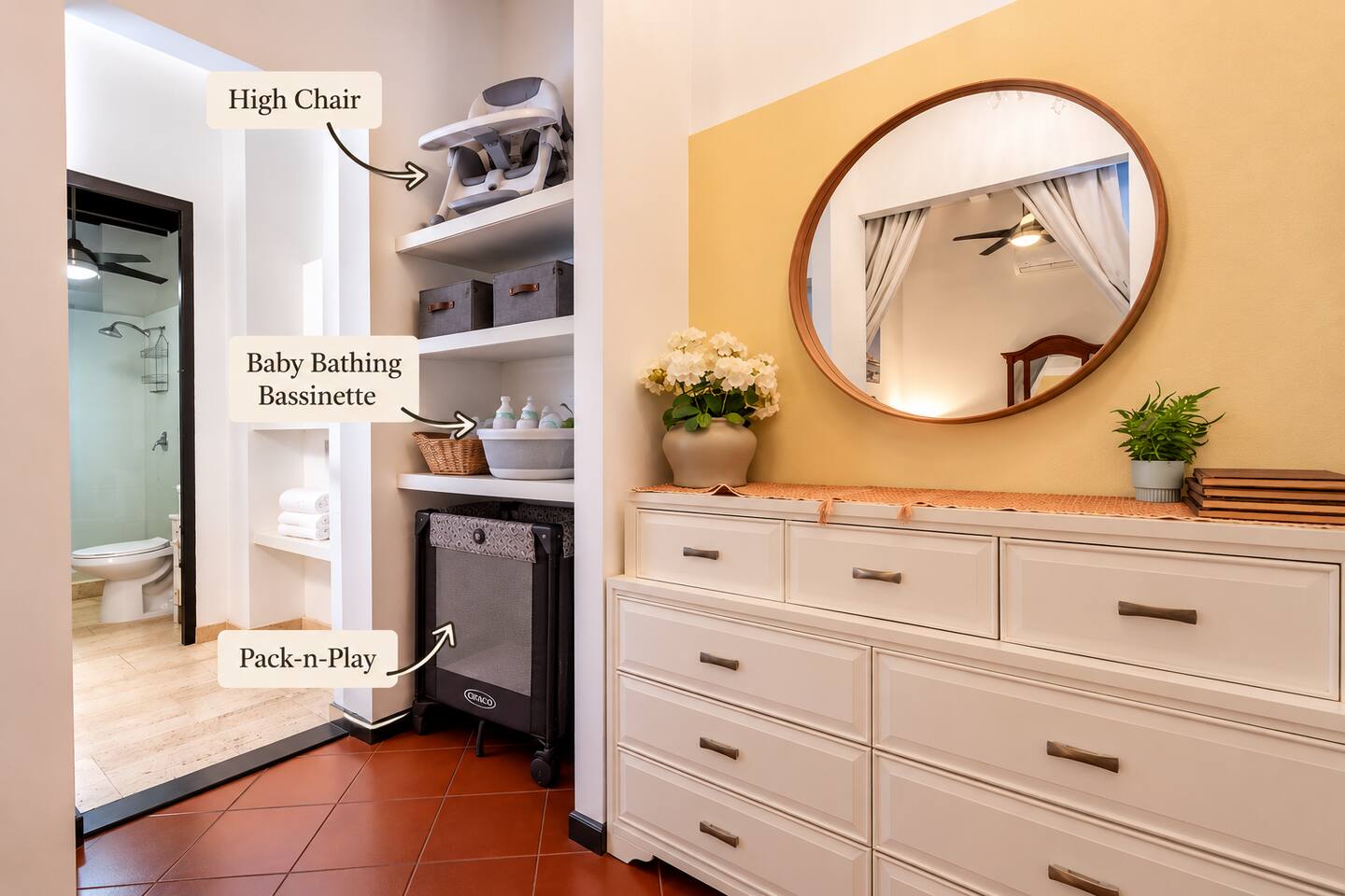 Family-friendly touches make traveling with little ones easier! We provide a high chair, Pack ’n Play, and baby bathing basin, all conveniently stored in the primary bedroom’s spacious dressing area. More room in your luggage for vacation essentials!