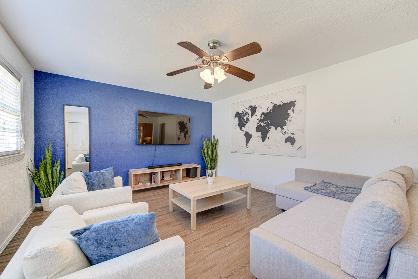 king bed with Pool table, decked patio and gym